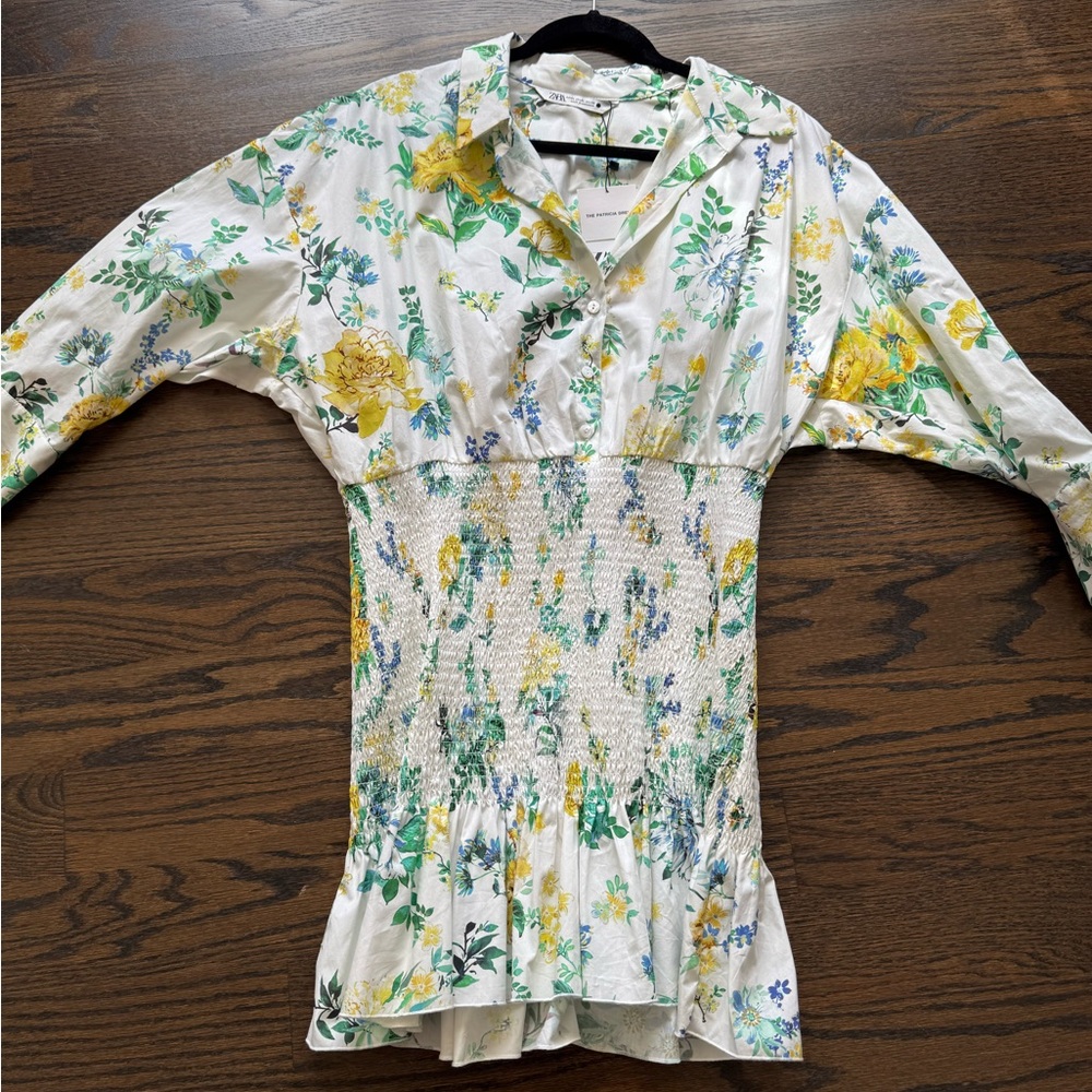 Zara Yellow and Green Pleated Blouse with Notched Collar